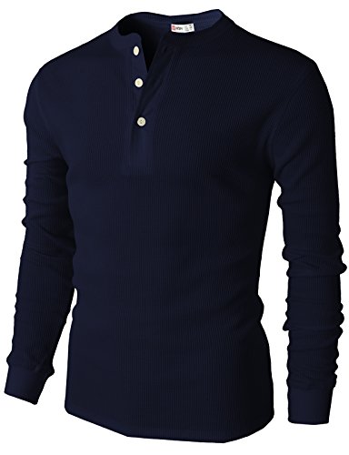 H2H Men's Waffle Henley Shirt Long Sleeve Navy Us L/Asia Xl (Cmttl045) #TOP2