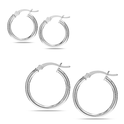 Set of 2 Pair 925 Sterling Silver Hoop Earrings for Women | Bali Double Hoop Earrings Set | Classic Textured Diamond-Cut Click-Top Hoops Earring Gifts for Her
