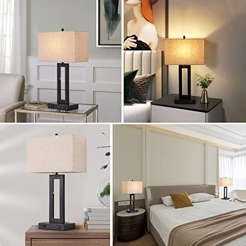 Set Of 2 Table Lamps For Bedroom With 2 Usb Ports And Ac Outlet, Bedside Lamps With Pull Chain, Living Room Lamps For End Tables, Modern Black Lamps With Cream Shade For Nightstand Office Desk Reading #TOP6