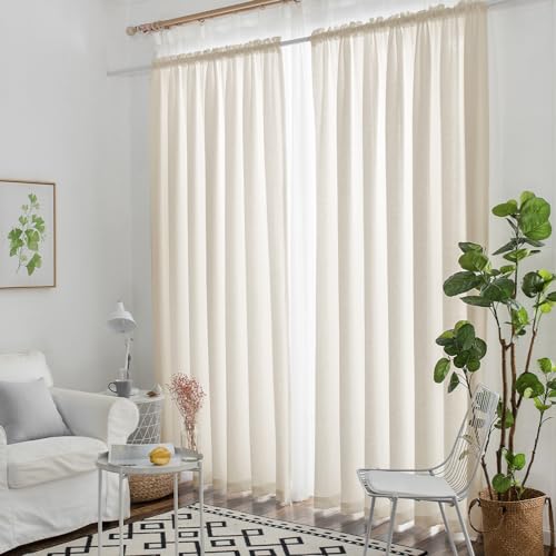 Image of Melodieux Natural Beige Semi Sheer Curtains 108 Inches Long for Living Room Bedroom Extra Long Linen Look Rustic Rod Pocket Voile Drapes, 52 by 108 Inch (2 Panels)