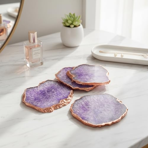 Image of Natural Agate Stone Tea Coasters Set | Premium Stone Coasters for Tea, Coffee & Glass | Heat Resistant Coasters for Dining Table, Office Desk & Home Decor | Pack of 4 | Color -Purple