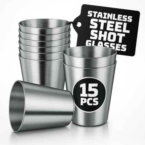 Stainless Steel Shot Glasses 30ml/1oz - 15 Pcs Metal Reusable Shot Glasses Unbreakable, Stylish Design, Good for Whiskey, Vodka, Tequila, Coffee – Durable, Useful for Bars and Home Use