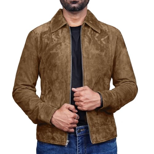 Image of Mens Polo Collar Zipper Suede Shirts Long Sleeve Shacket Suede Trucker Jacket Real Suede Leather Shirt
