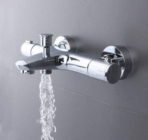 Grifo mezclador para bañera y ducha, de acero inoxidable, con protección contra quemaduras, 20 – 50 ℃, 2 salidas de agua con botón de seguridad de 38 °C