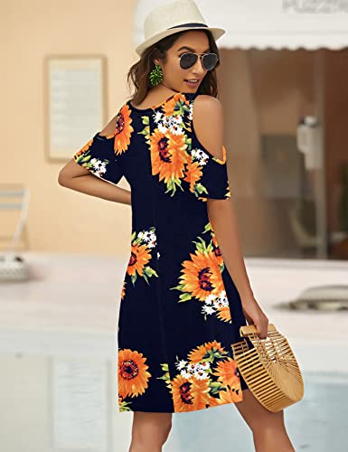 Image of Bluetime Women Cold Shoulder Summer Dress | Short Sleeve Casual Loose Swing Dress, Outfits for Vacation, Beach, Cocktail, Party, Wedding, Work, Casual, Date, Concert