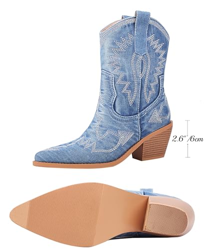 Image of Reitoye Cowboy Boots Women Knee High Cowgirl Embroidered Chunky Heel Boots | Block Chunky Heel,Pointed Toe,Half Side Zipper & Pull Tab,Embroidered Tall Boots,Fall Summer Spring Winter Dress Long Boots