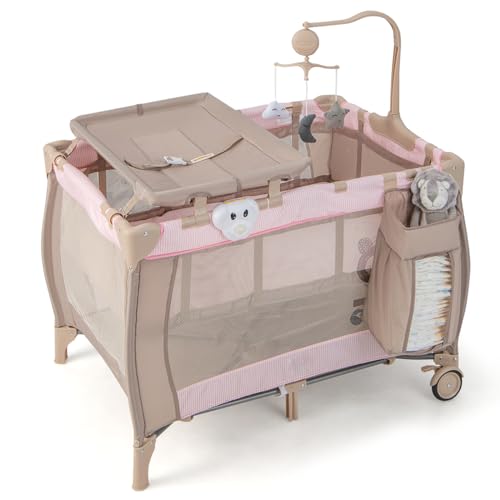 Image of HONEY JOY Pack and Play, 3 in 1 Portable Baby Playard with Bassinet, Changing Table, Lockable Wheels, Music Box, Foldable Travel Baby Crib Nursery Center from Newborn to Toddler (Coffee Pink)