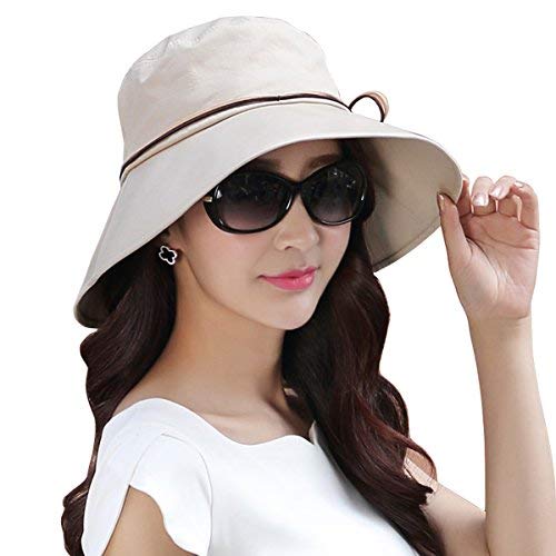 WITERY Chapeau d’été pliable en forme de cloche avec large bord et visière à protection UV UPF50+ Pour femme/fille Taille unique beige Cover