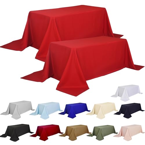 Image of 2-Pack 90x132 inch Red Table Cloths, Solid Stain and Wrinkle Resistant Oblong Tablecloth, Premium Plain Weave Polyester Fabric Rectangle Table Linen Covers for Hotel, Wedding