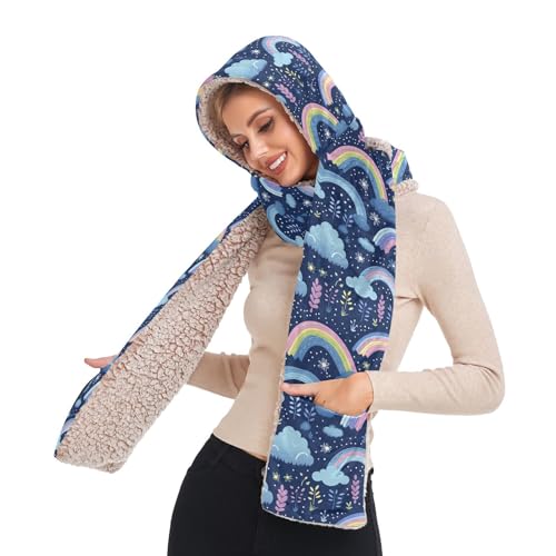 Winter Hooded Scarf for Women Cute Cartoon Rainbow Flower Hoodie Hat Scarf Gloves Set Fashion Warm Long Scarf Shawl Wraps With Pocket Soft Headscarf Neckwarmer Hoodie Hat