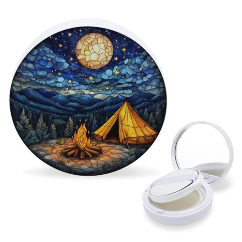 Hayyett Camp Fire And Tent Stained Glass Air Cushion Puff Box Portable Cosmetic Makeup Case Container,Loose Powder Foundation Container