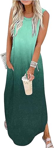 Image of CHUNTIANRAN Women's 2023 Casual Loose Sundress Maxi Dress Sleeveless Summer Beach Long Dresses Tshirt Dress with Pockets