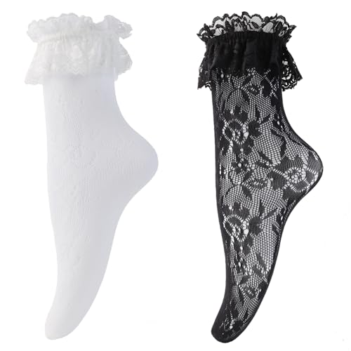 Littleforbig Ruffle Cuff Lacy Frilly Rose Pattern Fishnet Socks 2 Pairs - Black & White