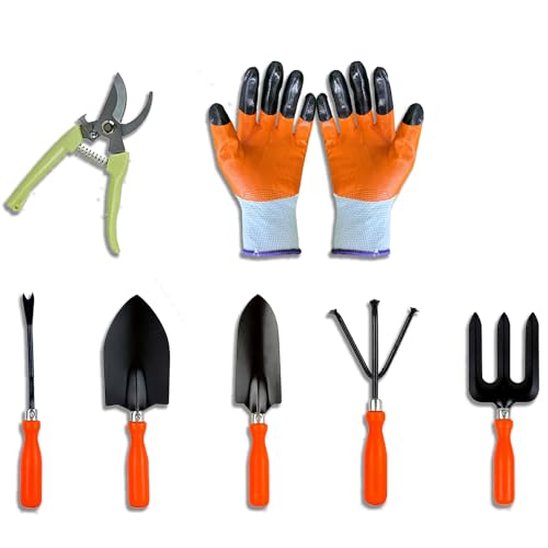 Image of Cinagro Garden Tools Kit (Set of 7) Weeder, 2 Trowels, Hand Fork, Cultivator, Pruner, Gardening Hand Gloves | Gardening Tools Kit for Home Garden, Indoor and Outdoor Gardening