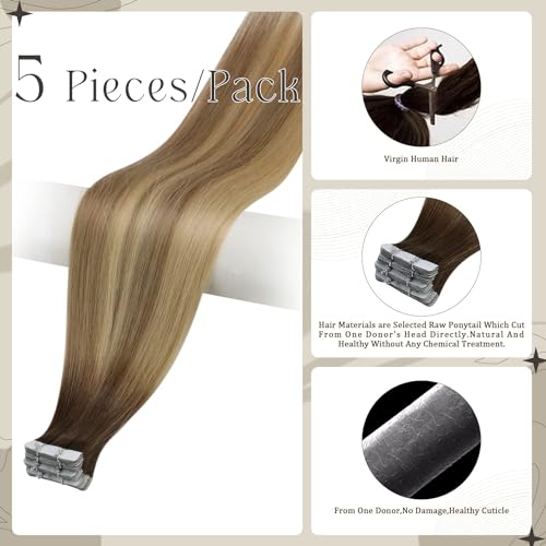 Image of Full Shine Injected Tape in Hair Extensions 5Pcs 18 Inch Virgin Injection Tape in Extensions Color 3 Brown Fading to 8 Ash Brown And 22 Blonde Unprocessed Seamless Tapes in Human Hair 12.5 Gram