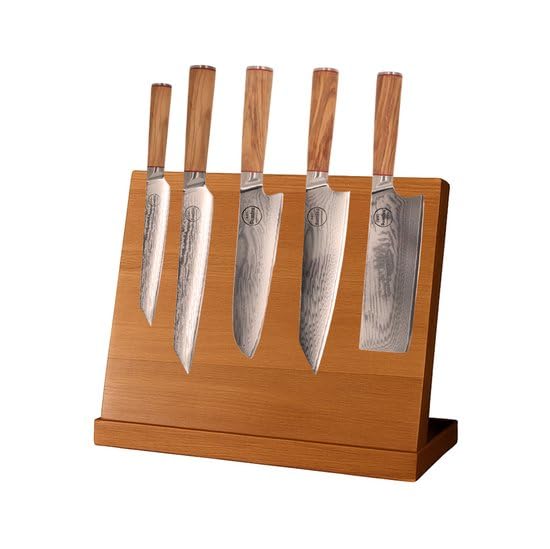 Set di coltelli giapponesi da 5 pezzi - Coltelli da cucina damascati professionali - 100% acciaio damasco - ceppo magnetico incluso - Legno