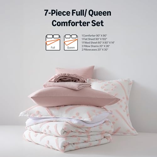 Image of Amazon Basics Kids' Pink Bedding Set, 7-Piece Jacquard Bed-in-a-Bag with Comforter, Fitted Sheet, Flat Sheet, Pillowcases, Pillow Shams, Deep Pocket 16 inch, All-Season, Pink Tufted, Full /Queen