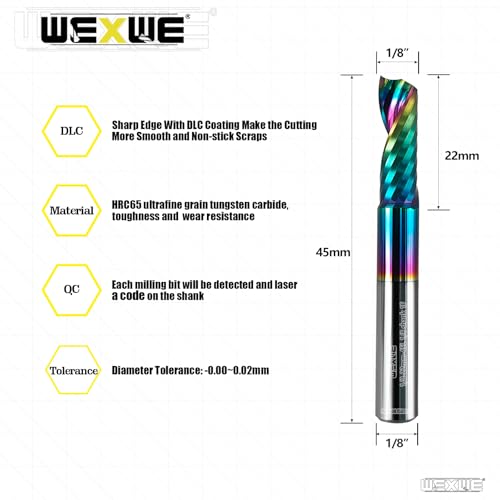 Image of Tools Solid Carbide CNC Spiral Single Flute End Mill- for Acrylic Plate Aluminum,Wood,Plastic,Brass,Copper Cutting - 1 /8 Diameter 22mm Flute Length,45mm Overall Length,1 Flute (1 /8-45mm 2PCS)