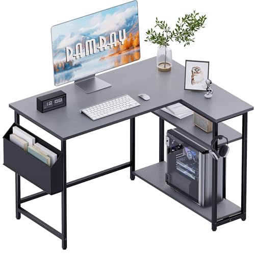 Pamray 40 Inch L Shaped Computer Desk with Reversible Side Storage Shelves, Small Corner Desk for Small Space Home Office, Writing Study Table PC Desk for Bedroom, Grey