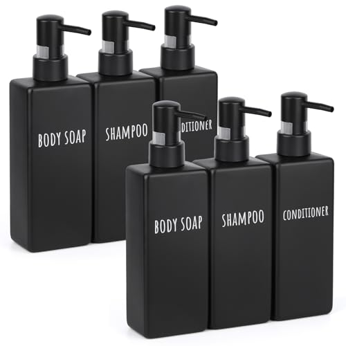 Image of Segbeauty 6 Pack Matte Black Soap Dispenser, Plastic Square Shower Soap Dispenser, 16.9 oz Refillable Shampoo and Conditioner Bottles, 500 ml Empty Bathroom Countertop Soap Dispensers for Modern Hotel