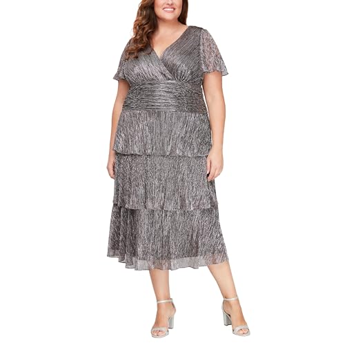 Image of S.L. Fashions Women's Short Sleeve Tea Length V-Neck Mother of The Bride Dress with Ruched Waist, Wedding Guest (Plus Size)
