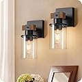GOEBLESON Wall Sconces Set of Two for Bathroom, Farmhouse Bathroom Light Fixture, Faux Wood Rustic Bath Vanity Light with Clear Glass Round Shade, Wall Lights for Bedroom Living Room Mirror F14BDP205