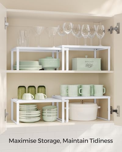 SONGMICS Spice Racks, Set of 2 Cupboard Organisers, Kitchen Storage, Stackable, Expandable, Metal Counter Shelves, White KCS01WT - Image 4