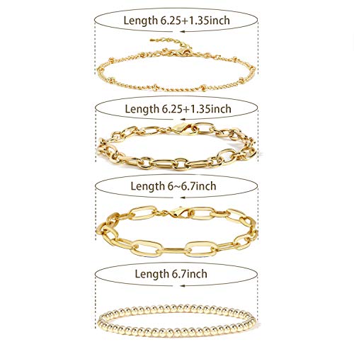 14K Gold Chain Bracelet Sets For Women Girls 14K Gold Plated Dainty Link Paperclip Choker Bracelet Stack Gold Small Ball Beads Bracelets Adjustable Layered Metal Link Bracelet (Style-4) #TOP1
