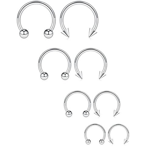 Ruifan 8PCS Surgical Steel CBR Nose Septum Horseshoe Earring Eyebrow Tongue Lip Piercing Ring with Balls & Spikes 16G 6-12mm - Silver Cover