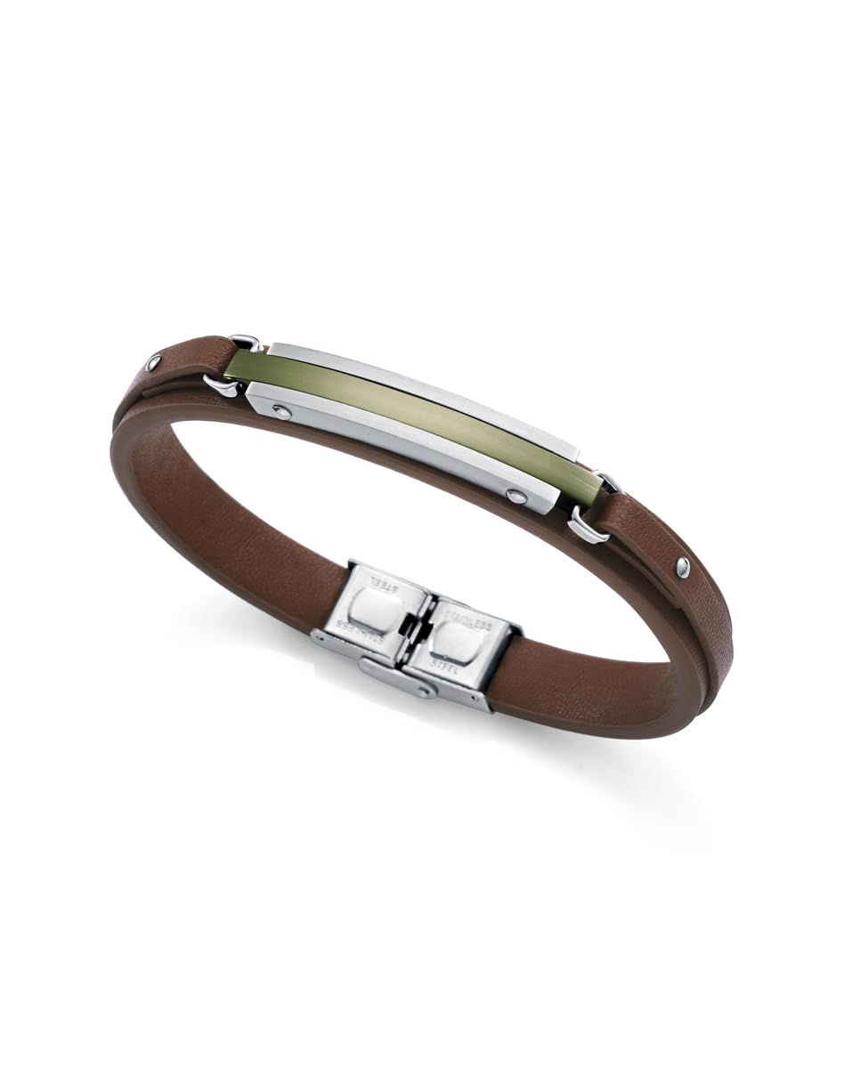 Viceroy Fashion Pulsera Hombre 14146P09011 - Piel Marrón, Placa Verde, 21.5 cm