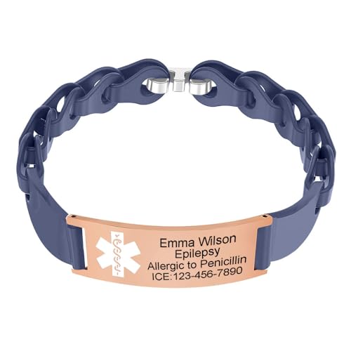BAIYI HOPE Silicone Medical Alert ID Bracelets for Female Custom Engravable Stainless Steel Emergency Tag Personalized Allergy Charm Bracelet for Women
