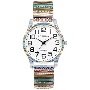 OIDEA Stretch Band Watches for Women: Bohemia Flower Easy Reader Elastic Band Watch Large Face Big Number Analog Quartz Bracelet Watch Expansion Band Wristwatch