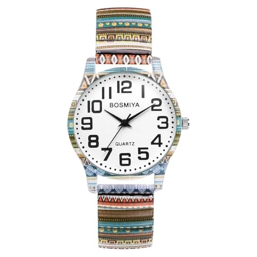 OIDEA Stretch Band Watches for Women: Bohemia Flower Easy Reader Elastic Strap Watch Large Face Big Number Analog Quartz Bracelet Watch Expansion Band Wristwatch