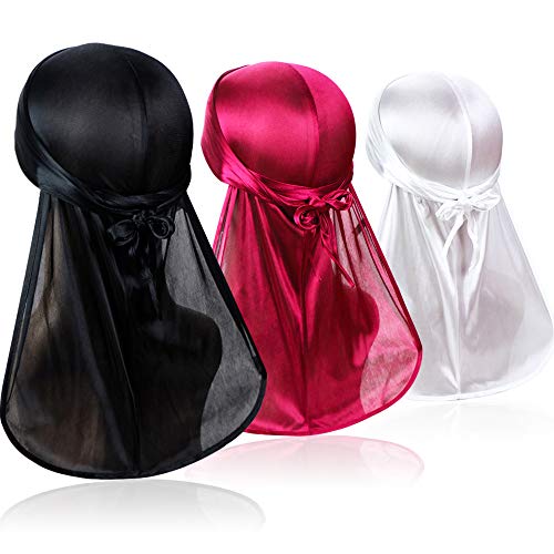 3 Pieces Soft Durag Headwraps with Extra Long Tail and Wide Straps for 360 Men Waves