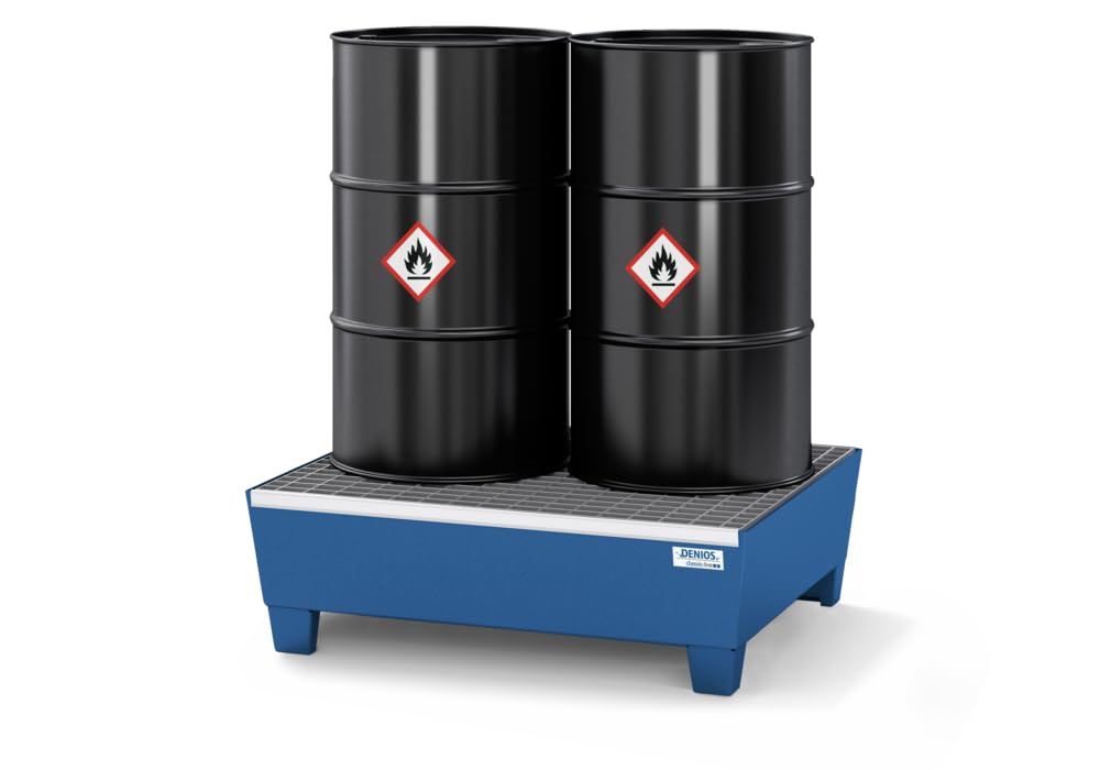 DENIOS Auffangwanne aus Stahl | mit Gitterrost und Stellfüßen | blau | BxHxT 635 x 278 x 785 mm | Volumen 65 Liter | 2 Fässer | Arbeitssicherheit Notfall-Umweltschutz-Produkte säurefest