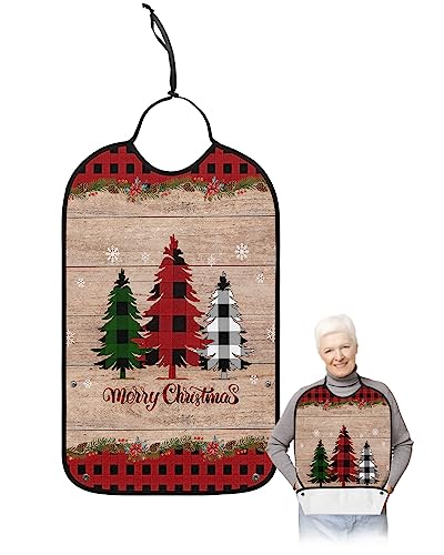 Christmas Tree Adult Bibs for Eating, Waterproof Bibs with Food Catcher & Adjustable Snap Closure, Red Checkered Vintage Wood Snowflake Poinsettia Clothing Protectors Adult Bibs for Elderly Women/Men