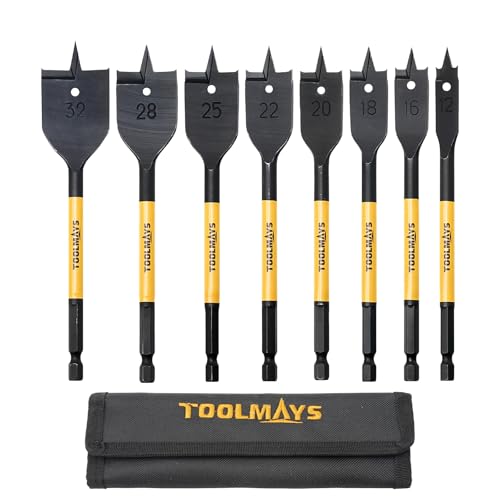 TOOLMAYS 8PCS Spade Drill Bit Set ø 12-32 mm High Carbon Steel Flat Wood Drill Bits 1/4 Inch Quick Change Hex Shank Nylon Storage Pouch