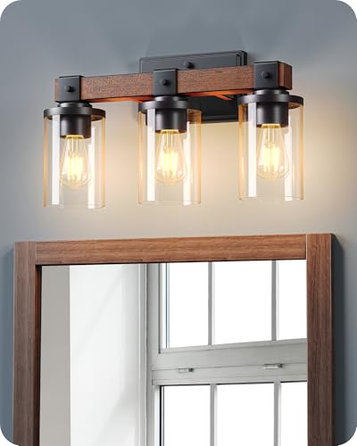 Image of EDISHINE Farmhouse 3-Light Wall Sconce, Bathroom Vanity Lights Over Mirror | Clear Glass Shades, Wood Grain Paint, E26 Standard Medium Base, Vintage & Elegant Design for Vanity Table, Living Room