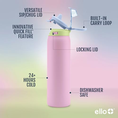 Image of Ello Pop & Fill Insulated Stainless Steel Water Bottle with Quick Fill Lid, Leakproof Locking, Sip or Chug Spout, BPA-Free, Double Wall Vacuum Insulated for Sports, Travel & School- 22oz / 32oz / 40oz