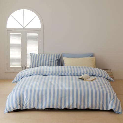 Image of Striped Duvet Cover King Size Blue White Stripes Geometric Bedding Set 3 Pieces Retro Vertical Stripe Soft Lightweight Microfiber Comforter Cover Set with Zipper Closure and 2 Pillowcases