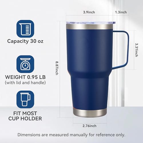Image of 30 oz Stainless Steel Tumblers Bulk with Handle and Lid, 8 Pack | Powder Coated, Double Wall Vacuum Insulated, Leak Proof Lid, Keep Drinks Cold and Hot, for office, party, camping, Navy