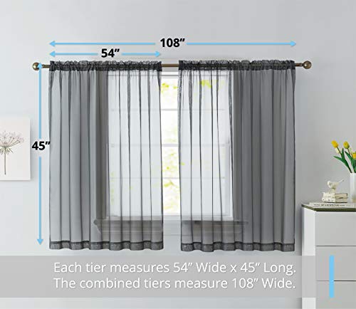 Hlc.me Charcoal Grey Window Curtain Sheer Voile Rod Pocket Cafe Tier Panels For Bathroom, Kitchen, Small Windows, Living Room And Bedroom (54 X 45 Inches Long, Set Of 2) #TOP3