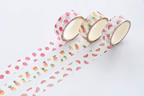 SparkTime Masking Tape Ananas Fraises et Pastèques [Lot de 3] - Ruban Adhésif Ananas Fraises et Pastèques - Washi Tape Fruits - 3 x 10 Mètres x 1.5 Centimètres Cover