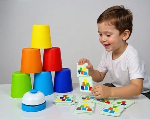 Image of Awestuffs Stacking Cups Game for Kids - 12 Stacking Cups + 50 Pattern Cards + Bell | Fun Family Party Game | Montessori Brain Boosting Puzzle STEM Toy (Stacking Cups Game)