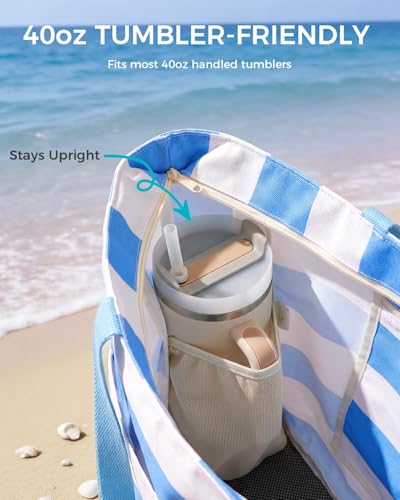 Image of WANDF Beach Bags for Women, Large Waterproof Sandproof Beach Tote Bag with Zipper Family Pool Bags with 40oz Tumbler Pocket, Swim Cruise Vacation Essentials (Blue)