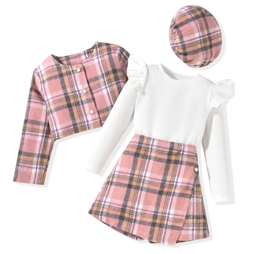 Image of HINTINA Toddler Girl 4 Pieces Outfits Ruffles Long Sleeve Tops Plaid Skirt Jacket And Hat Fall Winter Clothes Set
