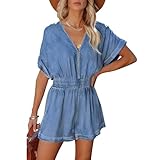 Glkaend Women's Vintage V Neck Short Denim Jumpsuits Short Sleeve Distressed Summer Wide Leg Jean Jumpsuit Rompers Pockets (Medium, Blue)