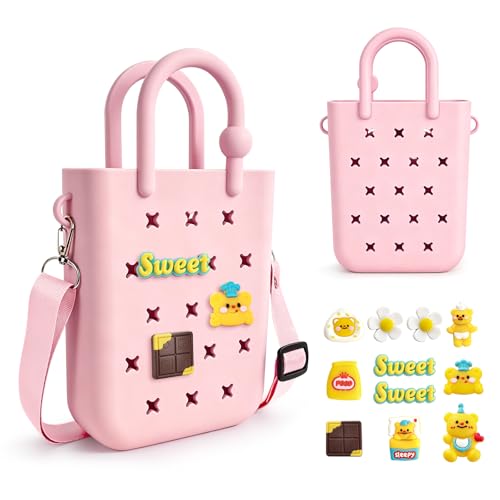 Image of Juyeesm Mini Rubber Beach Bag with Strap & Charms, Waterproof EVA Beach Bag for Girls, Small Rubber Tote Bag for Women