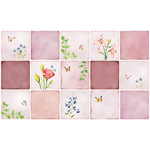 【Dream Sticker】キッチン リメイクシート 耐熱 120℃ 防水 台所用 壁 汚れ防止 油対策 北欧 おしゃれ かわいい はがせる タイルシール 壁紙 DIY 白 70×42.2cm ALC-13 (フラワーガーデン, 8枚)