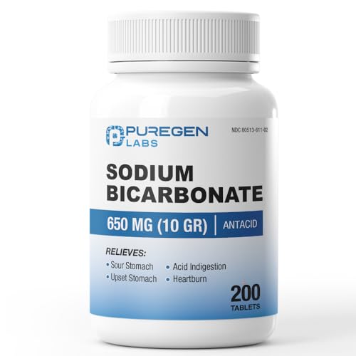 Puregen Labs Sodium Bicarbonate Tablets 650mg (10 Grains) - 200 Count | USP Grade Baking Soda Supplement Natural Relief of Acid Indigestion Heartburn Sour Stomach & Upset Stomach